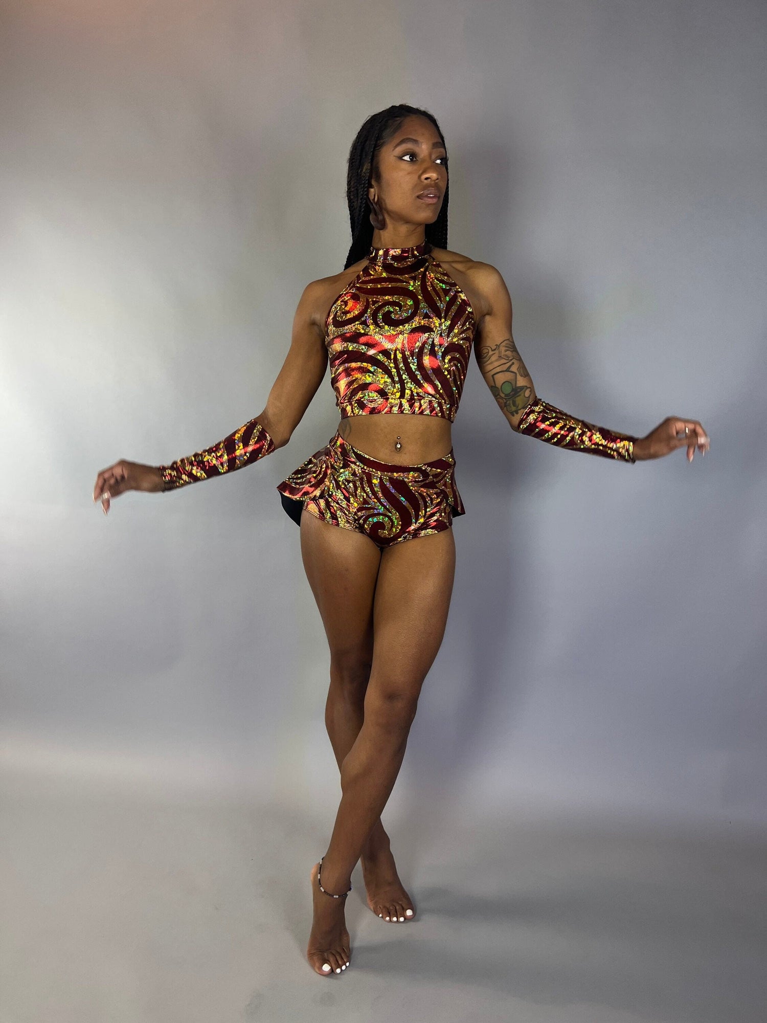 Sheeny Red and Gold Crop Top and Bottom Set, Halterneck Top, Shorts with Half-Skirt, Hand Accessories