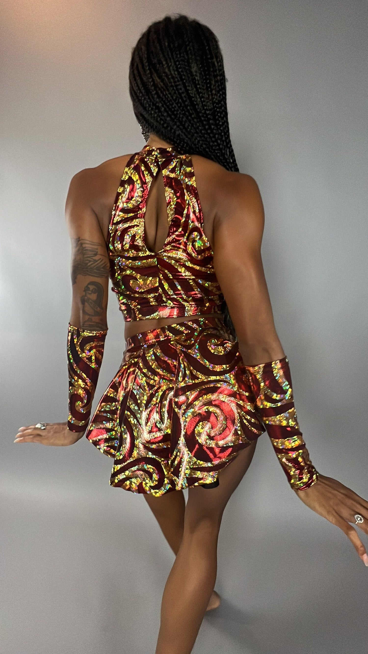Sheeny Red and Gold Crop Top and Bottom Set, Halterneck Top, Shorts with Half-Skirt, Hand Accessories