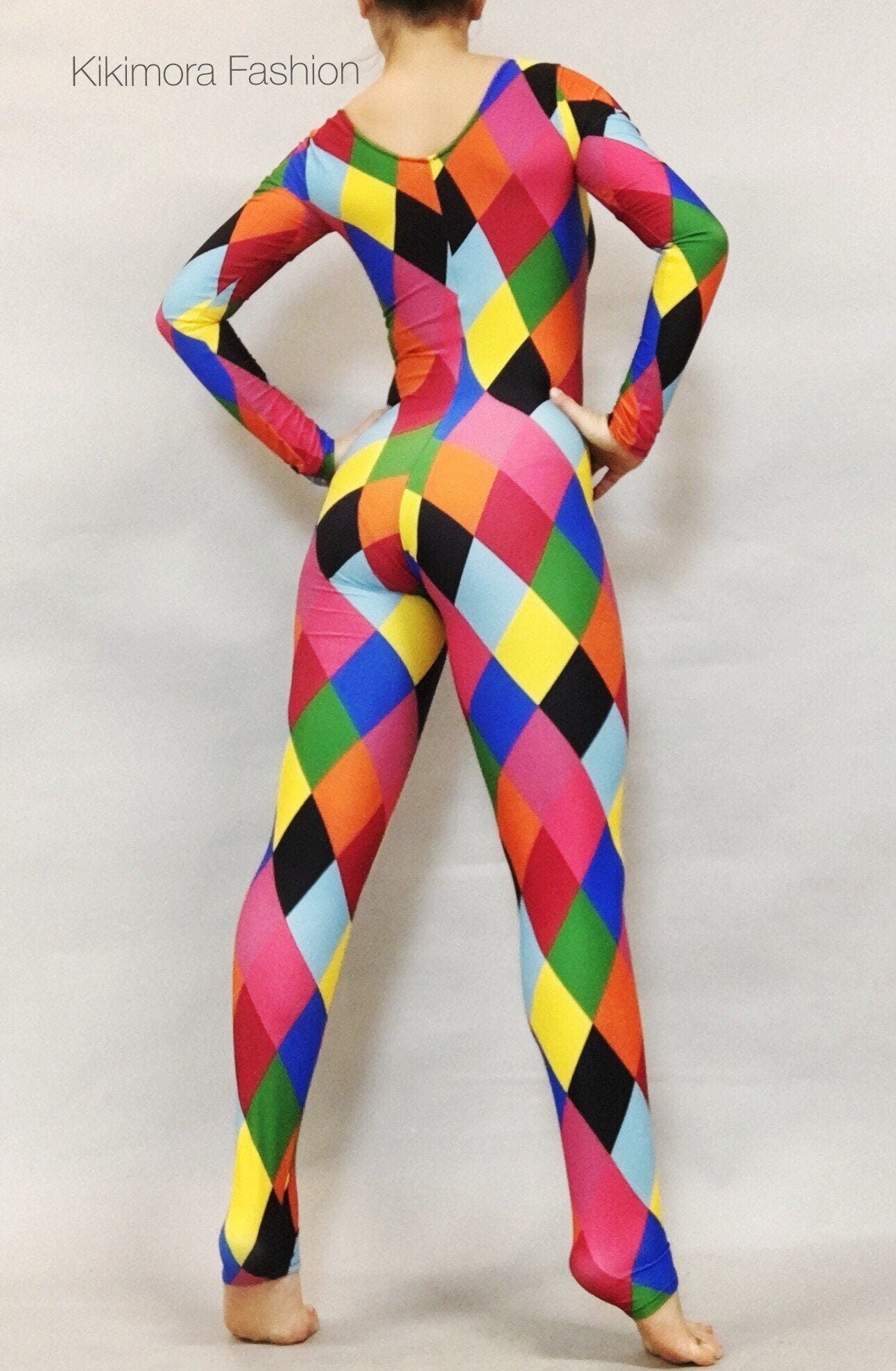 Multicolor Catsuit, Harlequin Costume, Full Sleeves, Scoop Neck