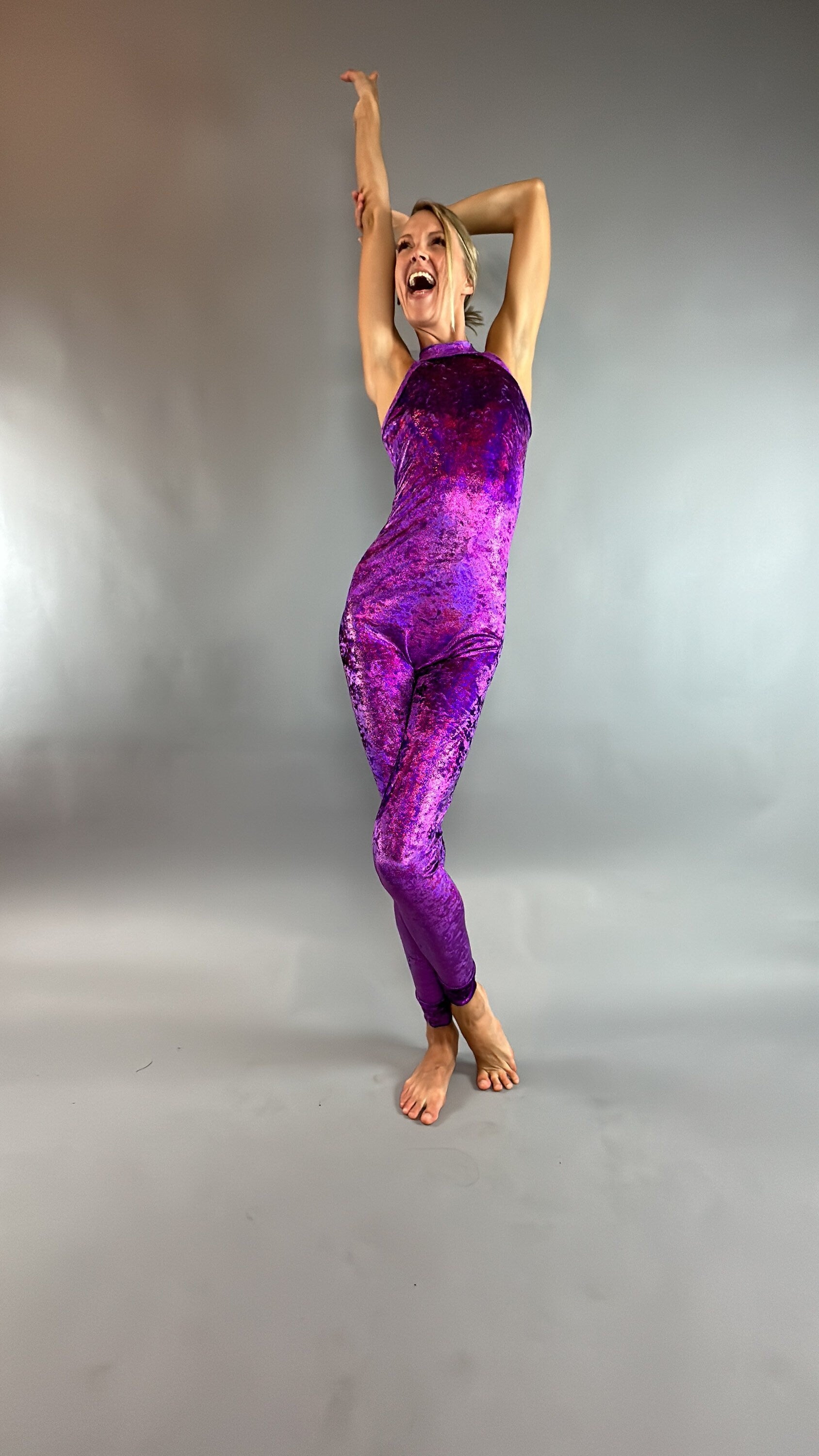 Beautiful Purple Velvet Catsuit, Halterneck, Open-Back, Sleeveless