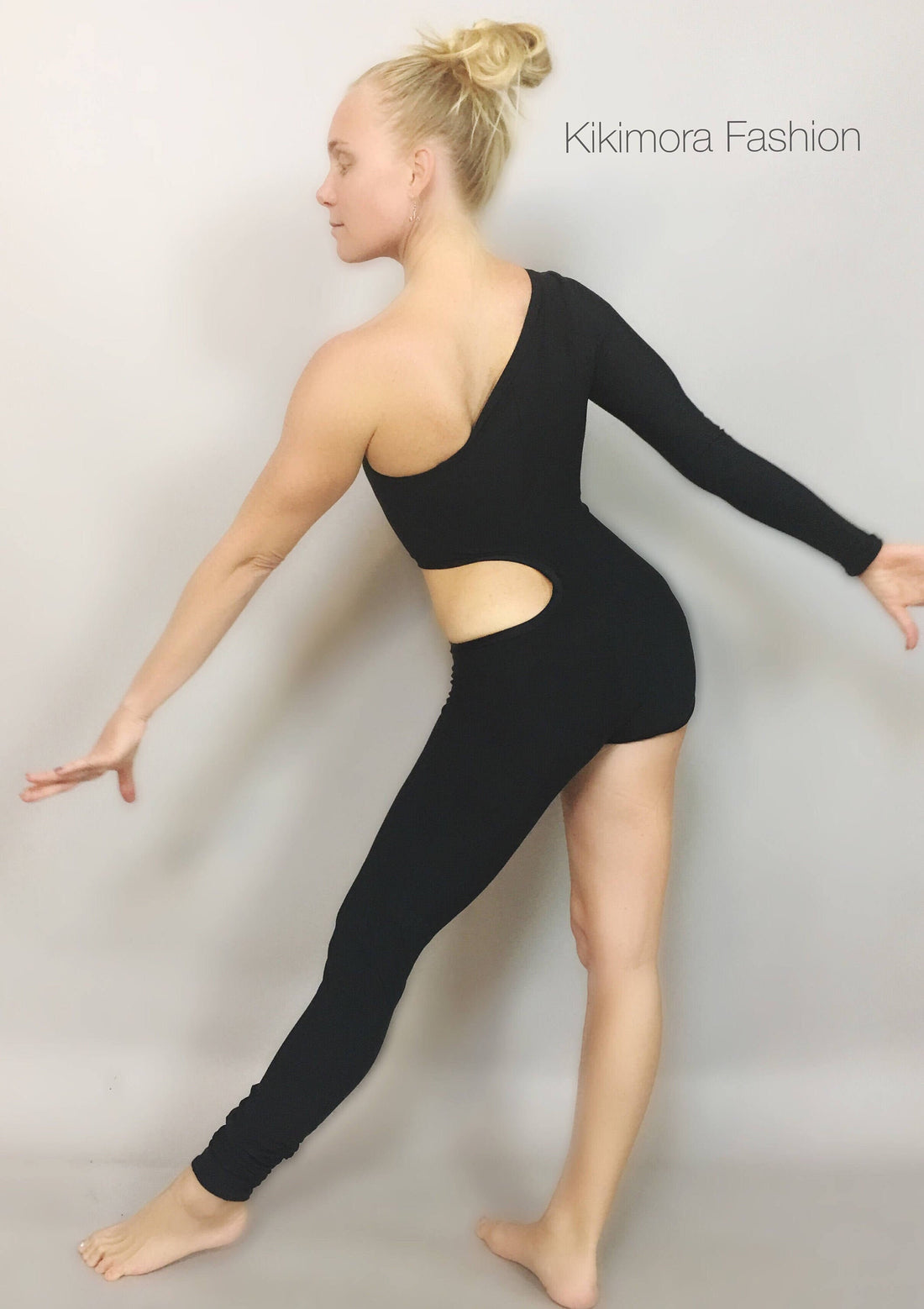 Unisex Isolated Black Catsuit, Asymmetric Design, Cut Outs