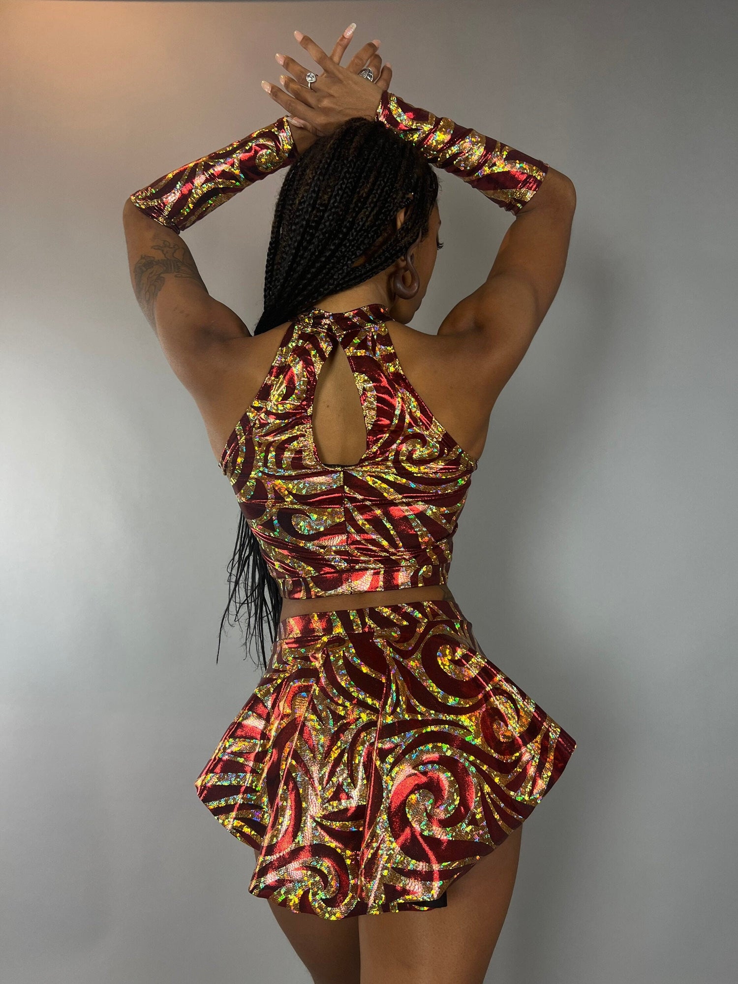 Sheeny Red and Gold Crop Top and Bottom Set, Halterneck Top, Shorts with Half-Skirt, Hand Accessories