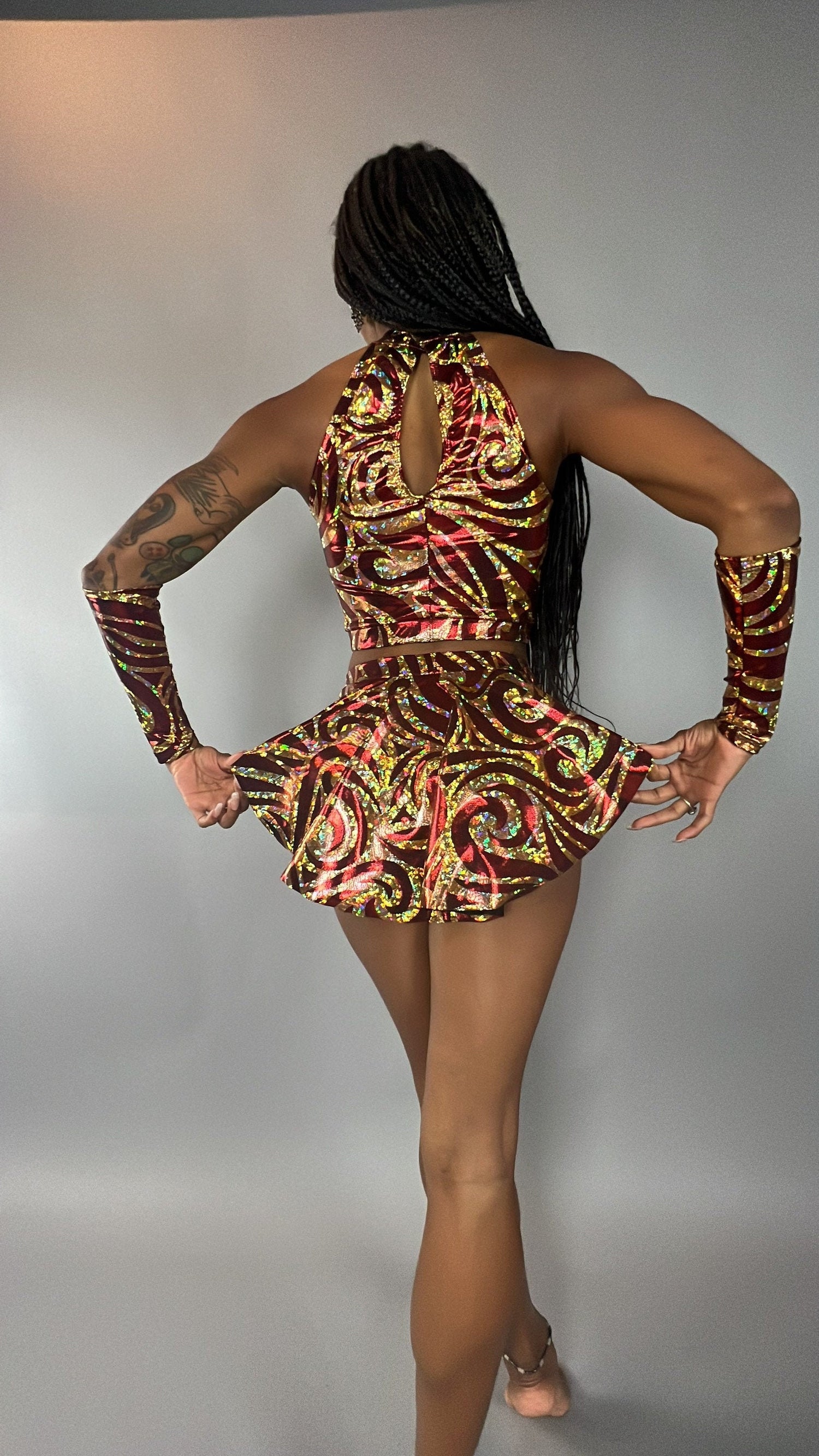 Sheeny Red and Gold Crop Top and Bottom Set, Halterneck Top, Shorts with Half-Skirt, Hand Accessories