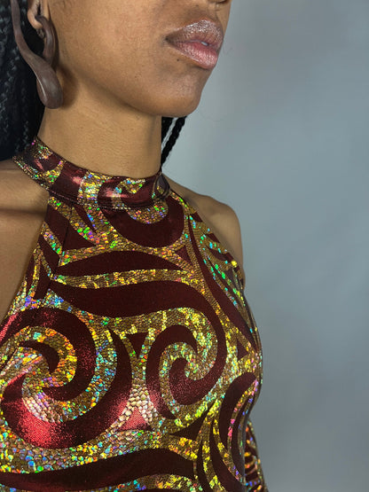 Sheeny Red and Gold Crop Top and Bottom Set, Halterneck Top, Shorts with Half-Skirt, Hand Accessories