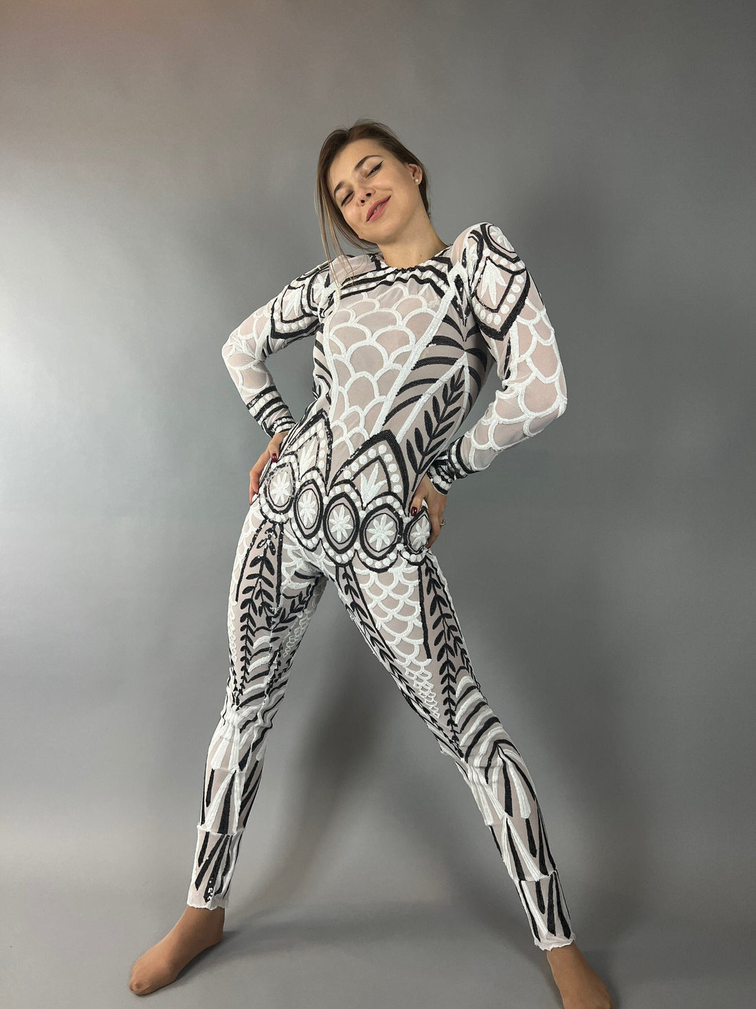 Black and White Sequin Catsuit, Scoop Neck, Full Sleeves
