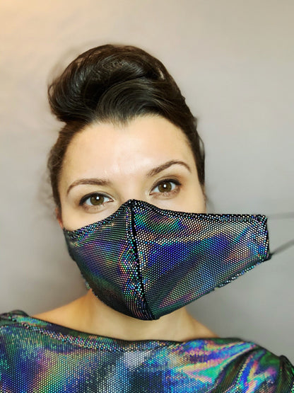 Beautiful Black Iridescent Face Mask, Breathing Mask, Reusable Shiny Velvet, HEPA Filter