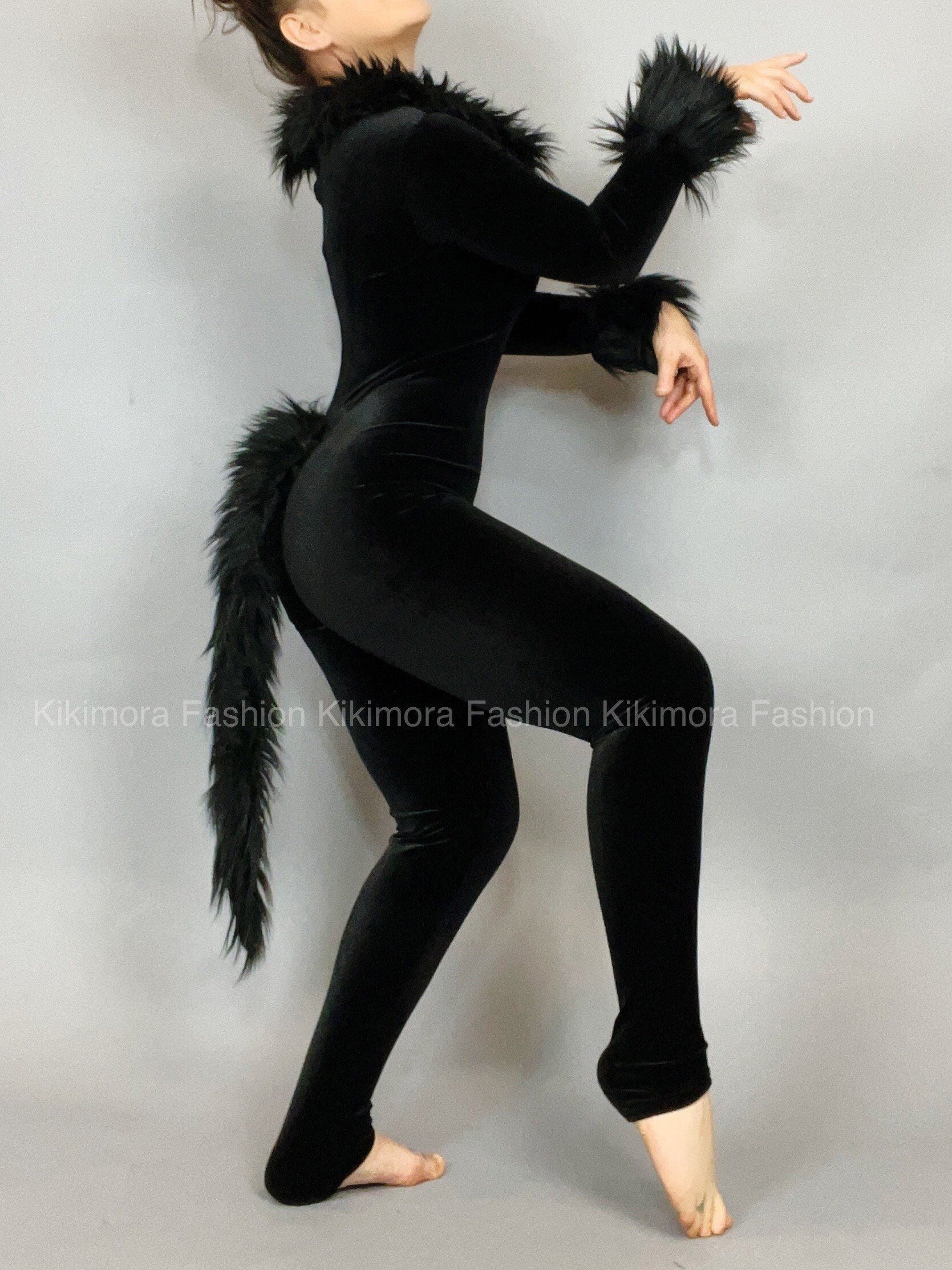 Black Cat Costume, Boatneck, Full Sleeves, Includes a Furry Tail
