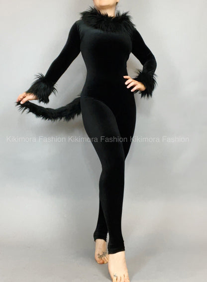 Black Cat Costume, Boatneck, Full Sleeves, Includes a Furry Tail