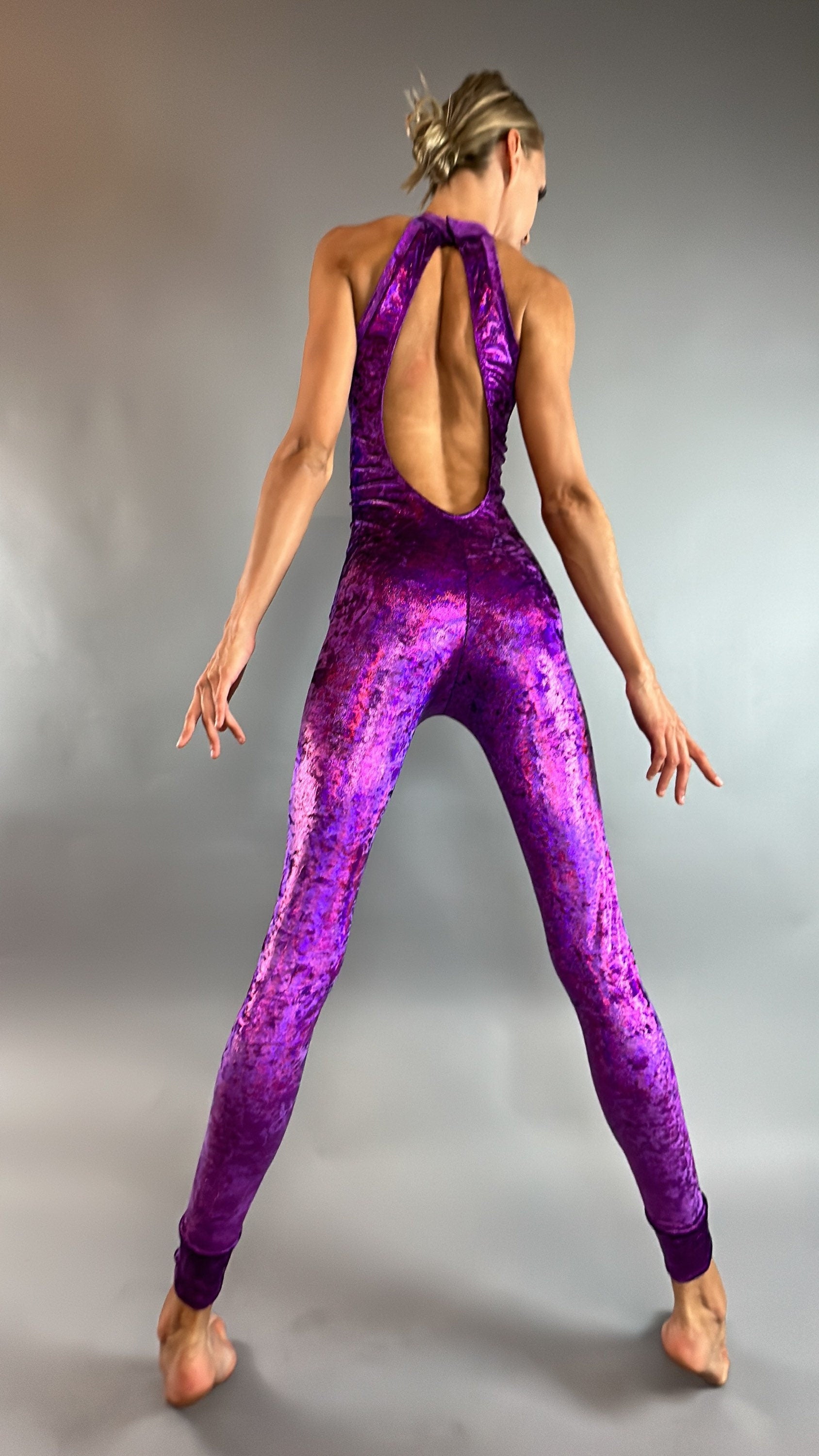 Beautiful Purple Velvet Catsuit, Halterneck, Open-Back, Sleeveless
