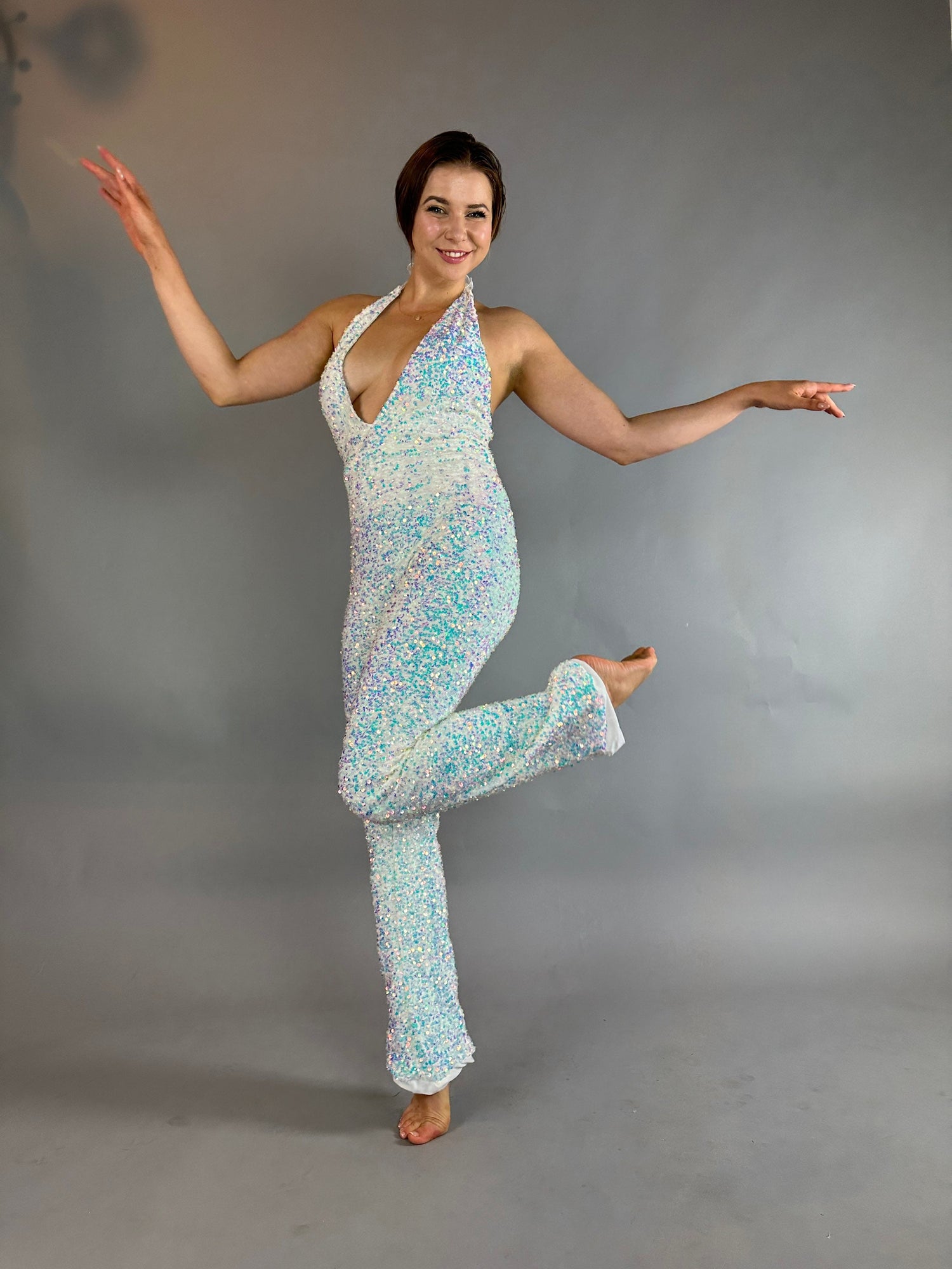 Swan Sparkly Jumpsuit, trending now, exotic dance wear, disco catsuit, bridal bodysuit