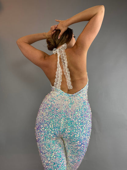 Swan Sparkly Jumpsuit, trending now, exotic dance wear, disco catsuit, bridal bodysuit