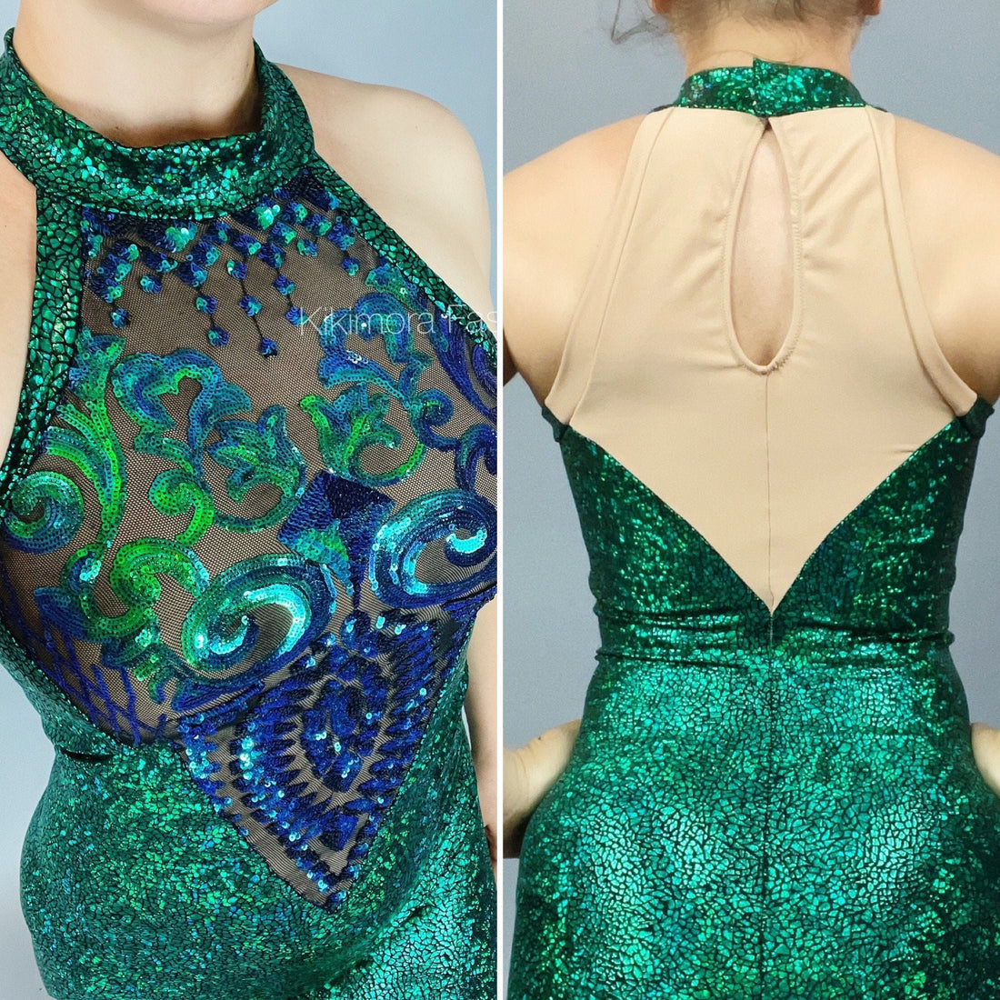 Shiny Green Catsuit, Mesh Jumpsuit, Backless, Halterneck, Sleeveless
