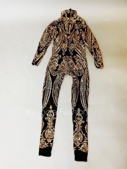 Black and Gold Sequin Catsuit, Full Sleeves, Turtleneck