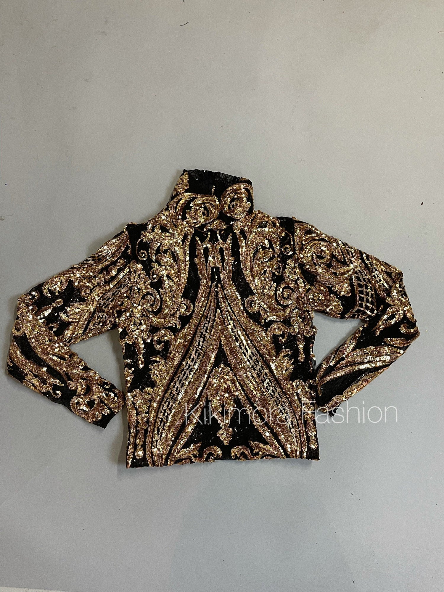 Black and Gold Sequin Catsuit, Full Sleeves, Turtleneck
