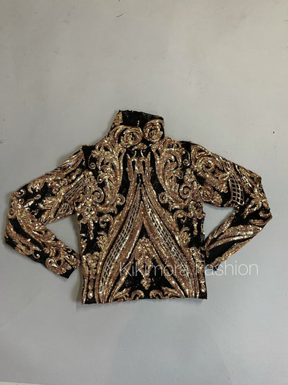 Black and Gold Sequin Catsuit, Full Sleeves, Turtleneck