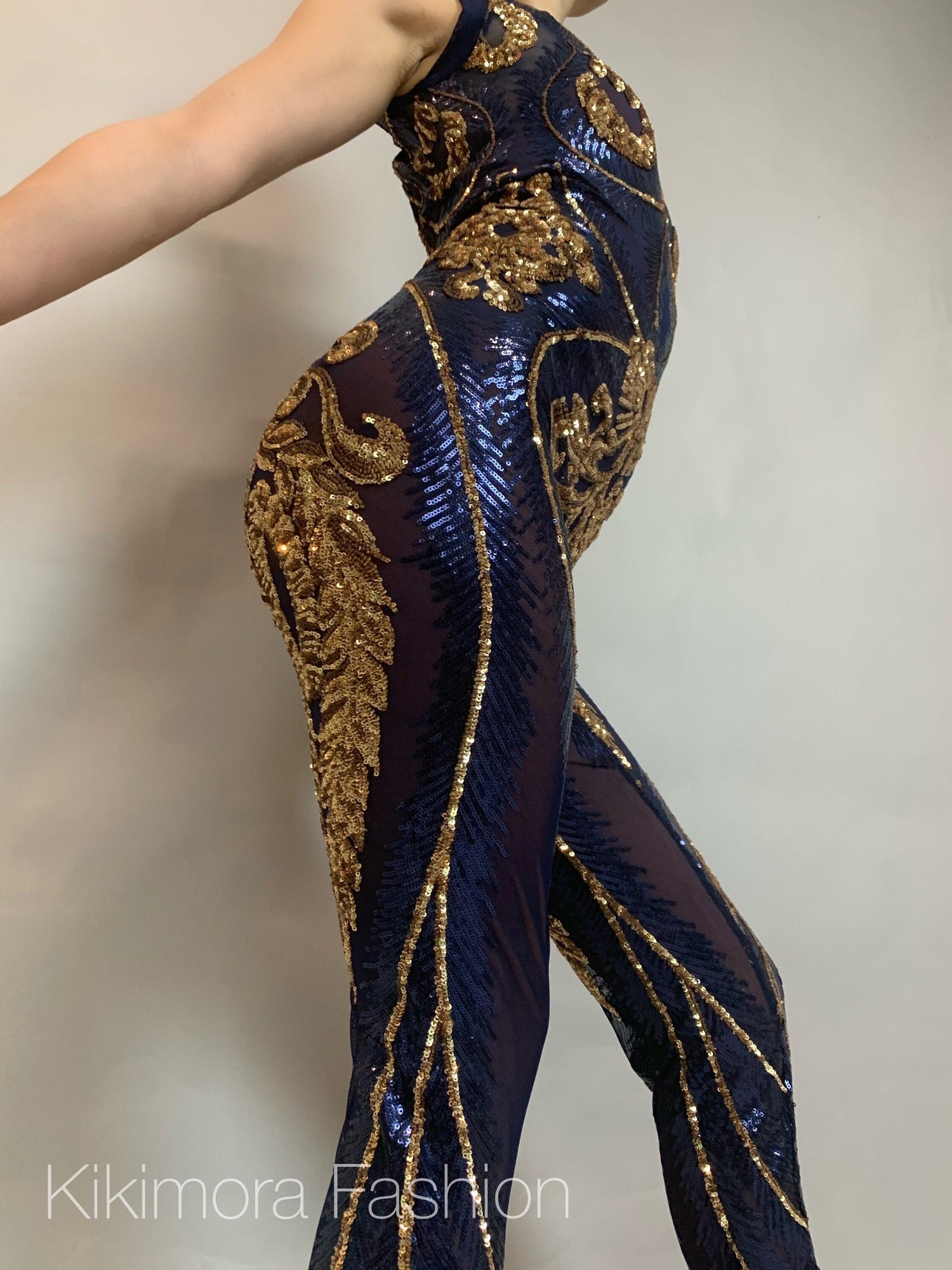 Blue And Gold Sequin Catsuit, Sleeveless, Mock Turtleneck