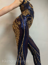 Blue And Gold Sequin Catsuit, Sleeveless, Mock Turtleneck