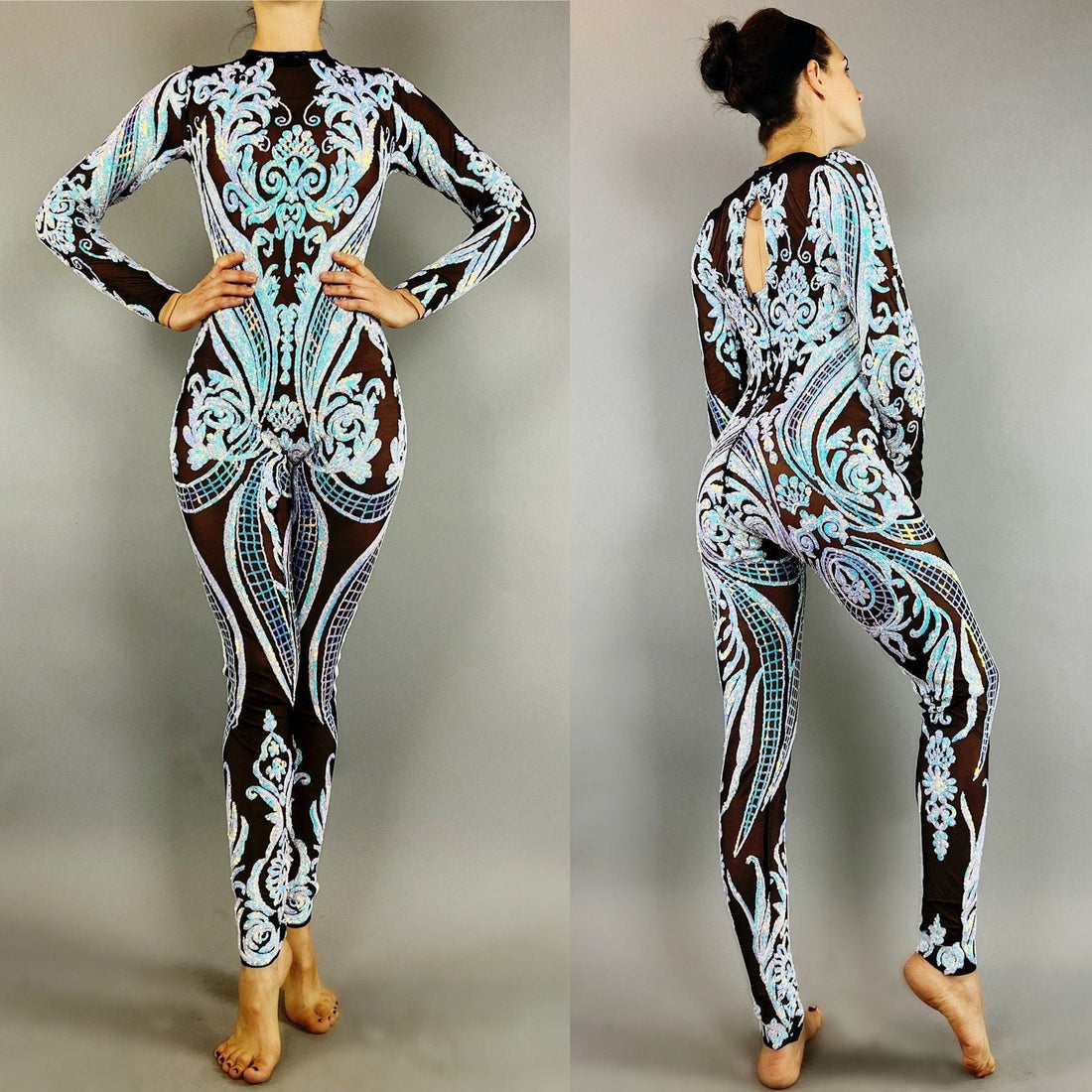 Floral Sequins On Black Catsuit, Mesh Jumpsuit, Scoop Neck, Full Sleeves