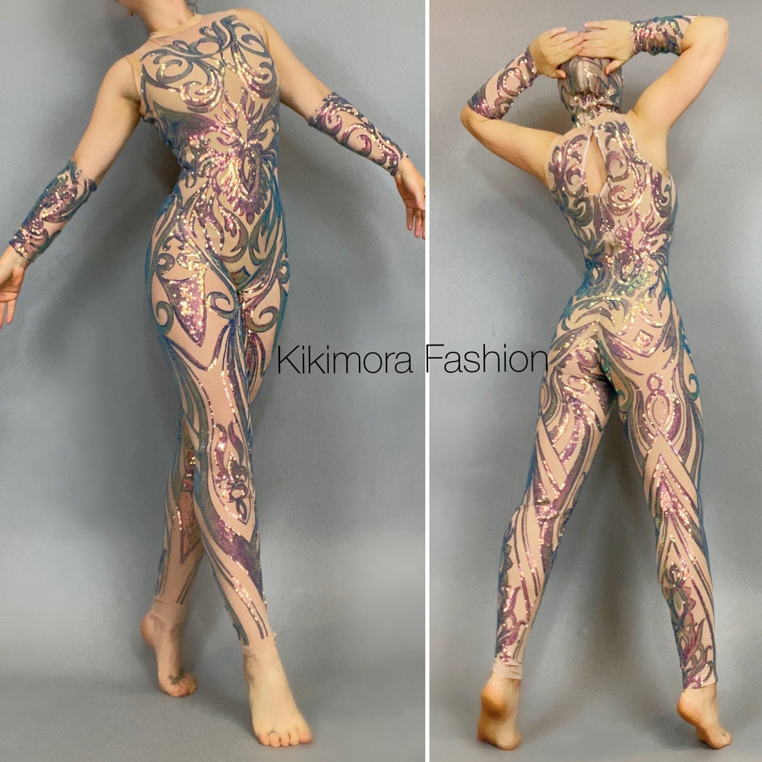 Iridescent Sequin Skintone Catsuit, Halterneck, Sleeveless