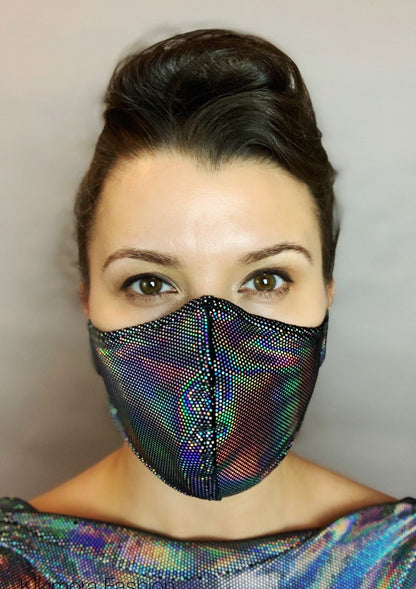 Beautiful Black Iridescent Face Mask, Breathing Mask, Reusable Shiny Velvet, HEPA Filter
