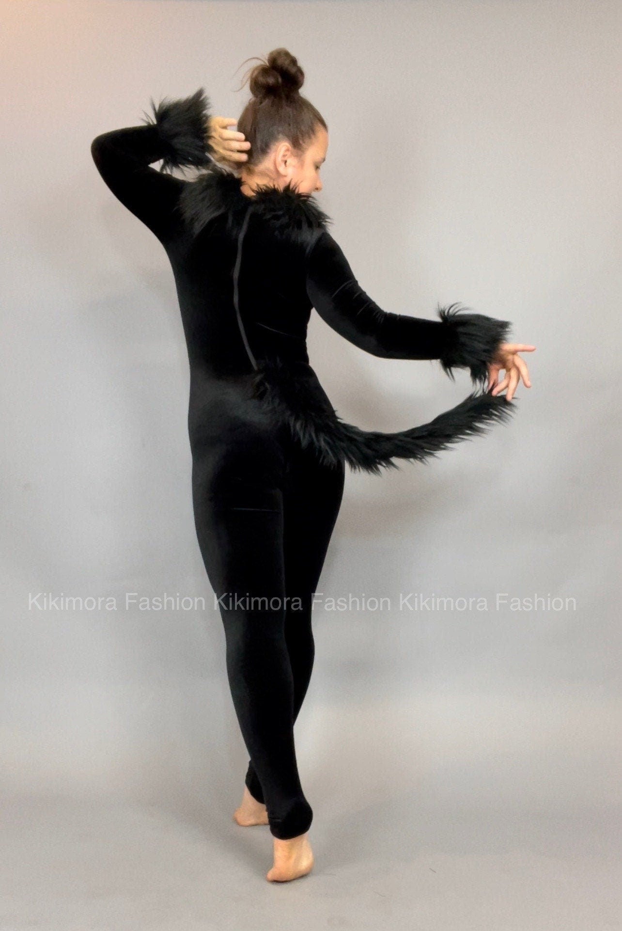 Black Cat Costume, Boatneck, Full Sleeves, Includes a Furry Tail