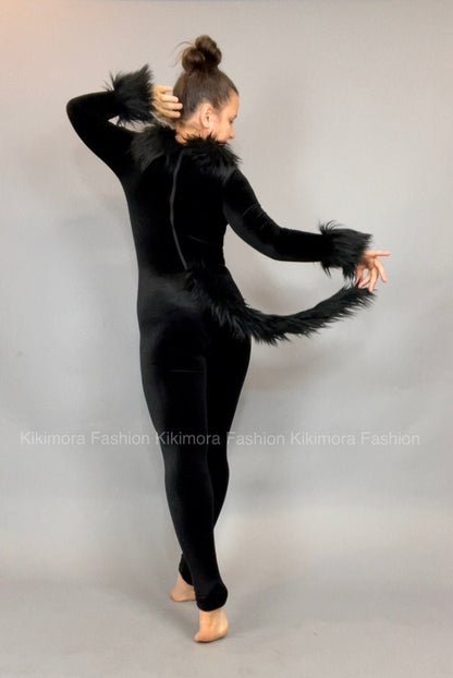 Black Cat Costume, Boatneck, Full Sleeves, Includes a Furry Tail
