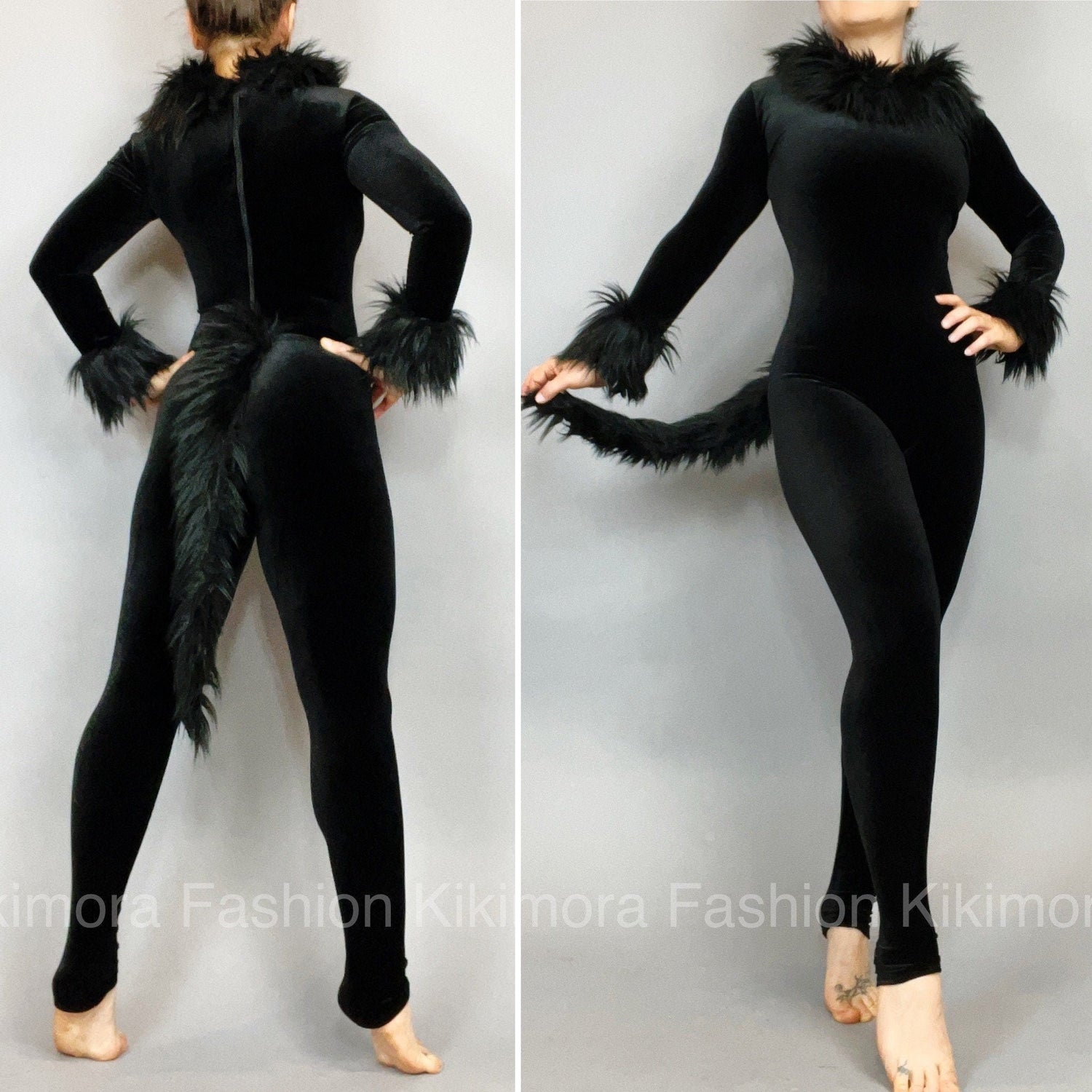 Black Cat Costume, Boatneck, Full Sleeves, Includes a Furry Tail