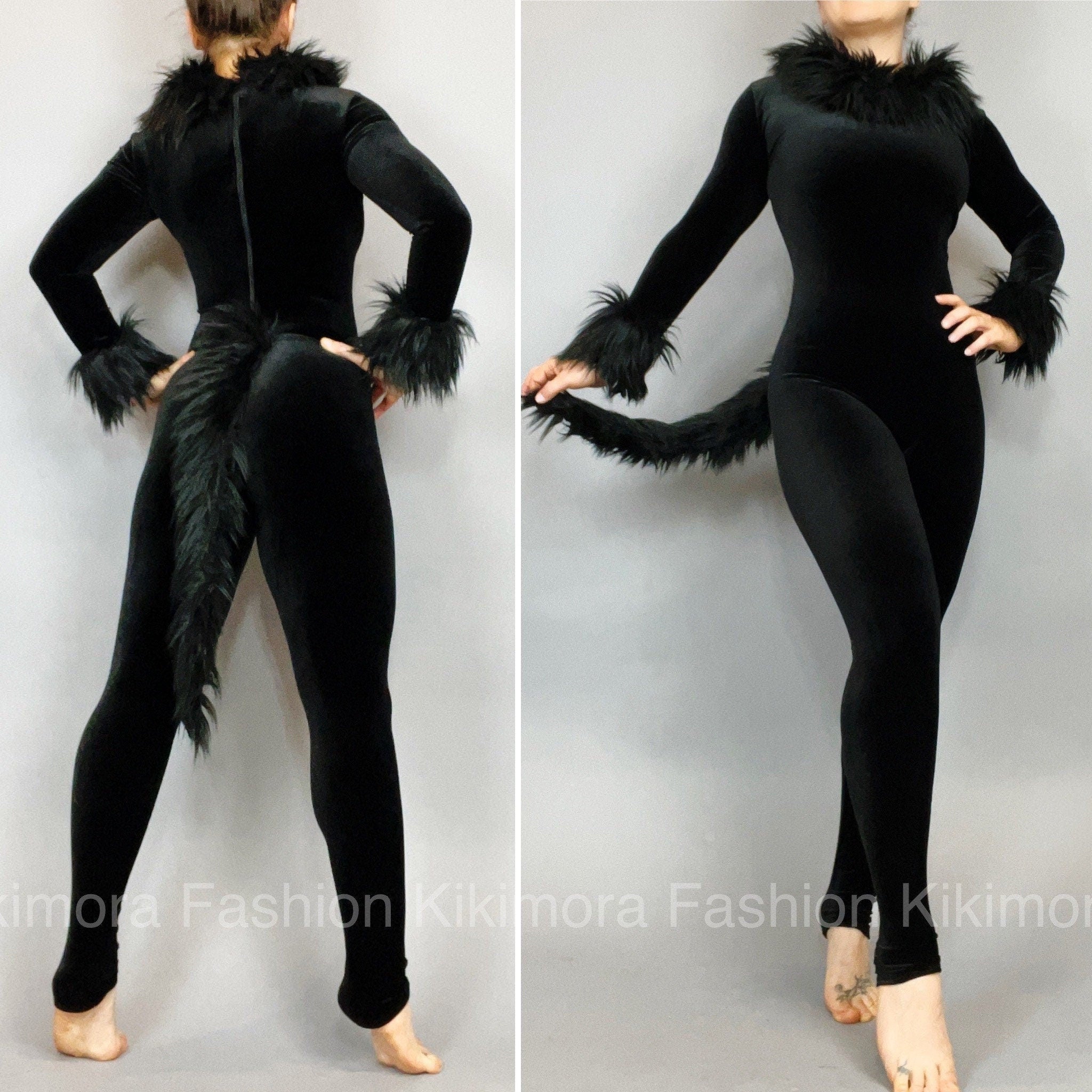 Black Cat Costume, Boatneck, Full Sleeves, Includes a Furry Tail