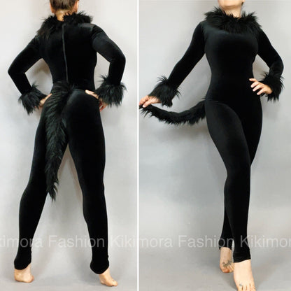 Black Cat Costume, Boatneck, Full Sleeves, Includes a Furry Tail