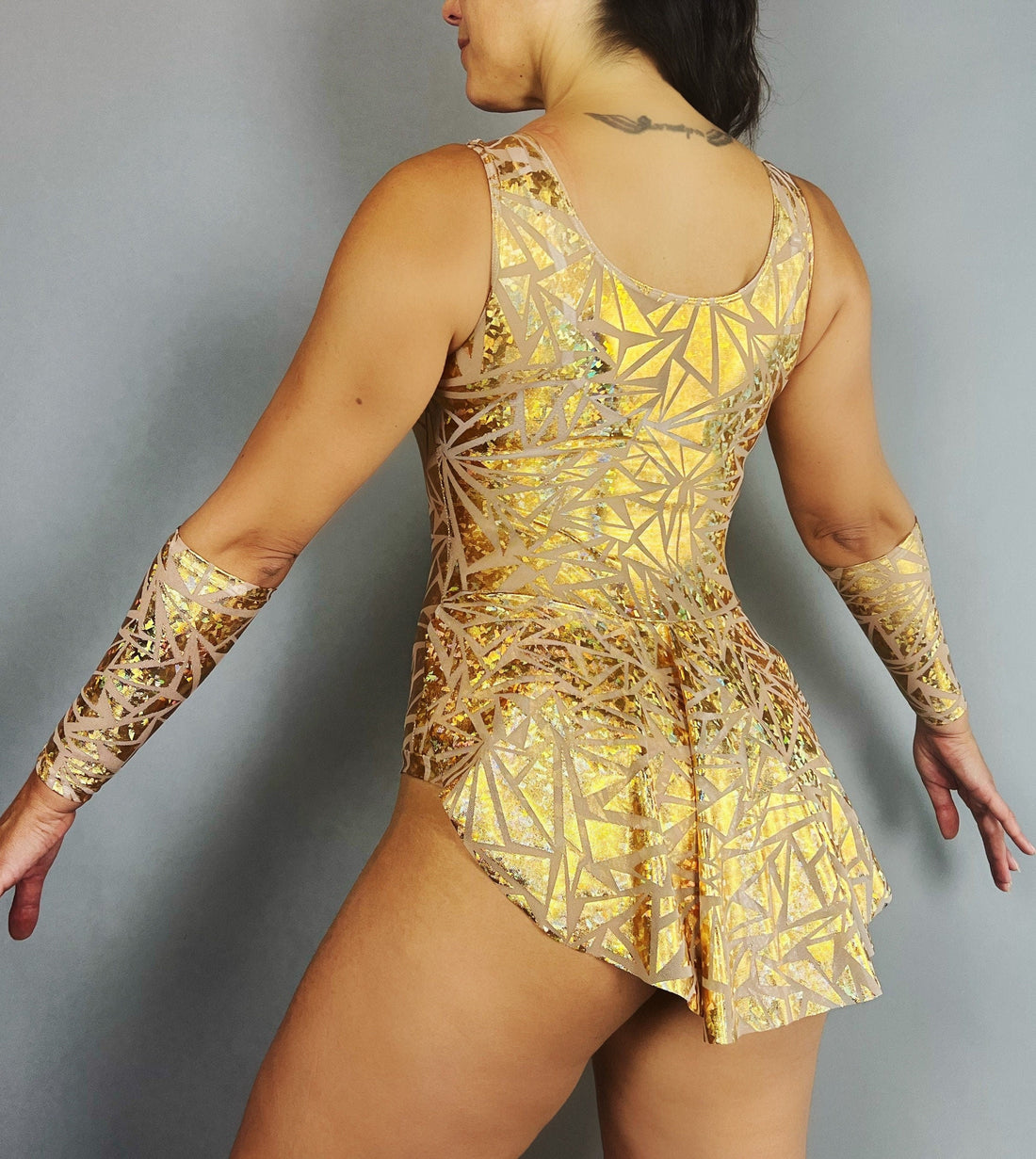 Gold Sparkle Leotard With Skirt, Sleeveless, Hand Accessories