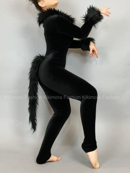 Black Cat Costume, Boatneck, Full Sleeves, Includes a Furry Tail
