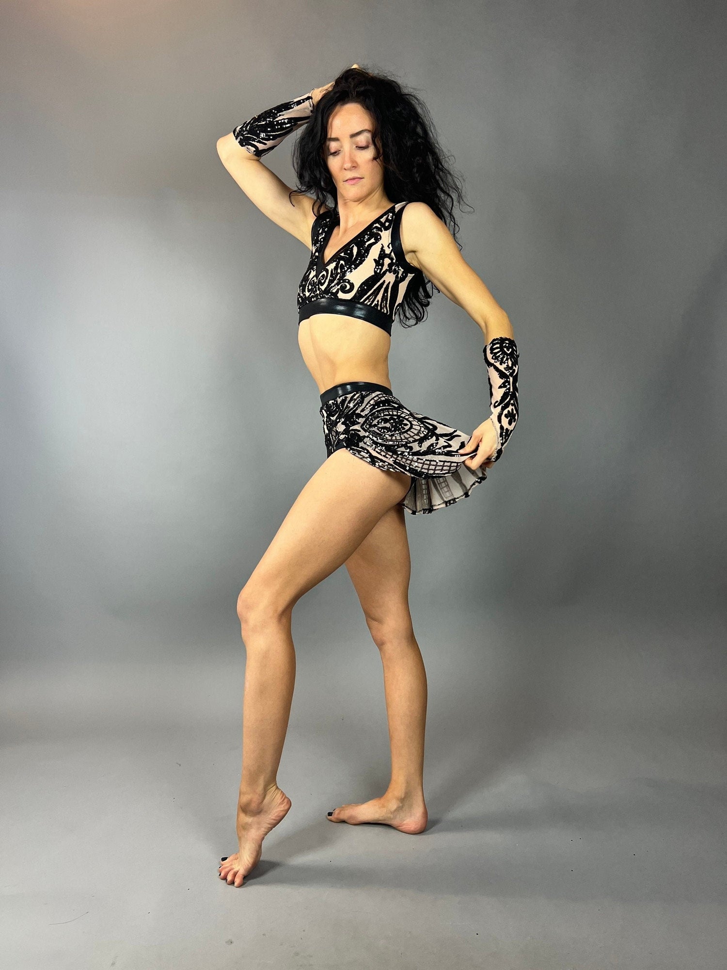 Beige and Black Crop Top and Bottom Set, V-Neck Crop Top, Shorts With Half-Skirt, Hand Accessories