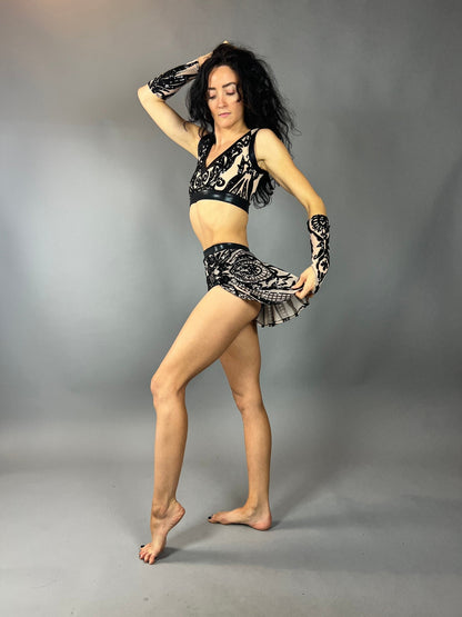 Beige and Black Crop Top and Bottom Set, V-Neck Crop Top, Shorts With Half-Skirt, Hand Accessories