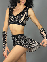 Beige and Black Crop Top and Bottom Set, V-Neck Crop Top, Shorts With Half-Skirt, Hand Accessories