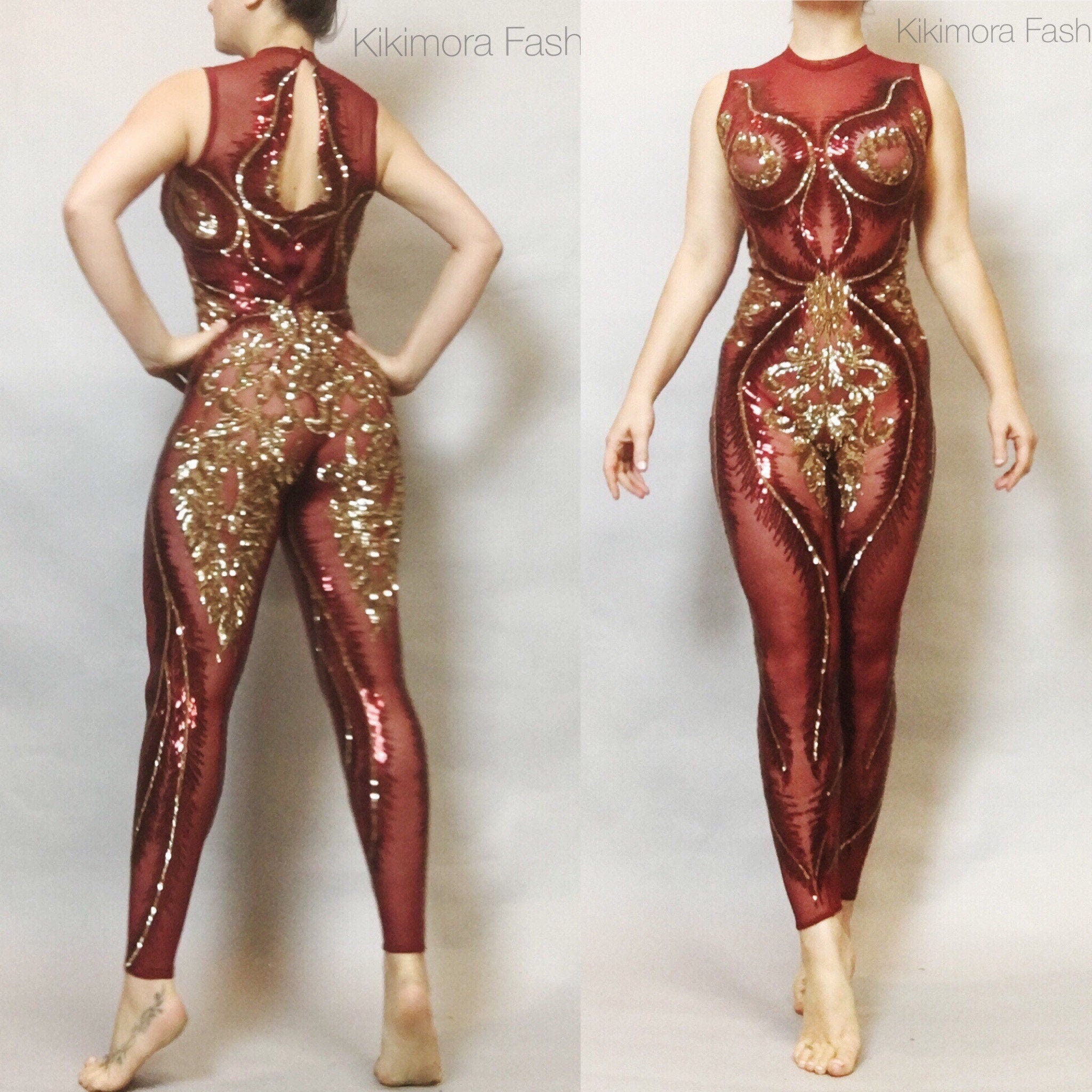 Blue And Gold Sequin Catsuit, Sleeveless, Mock Turtleneck