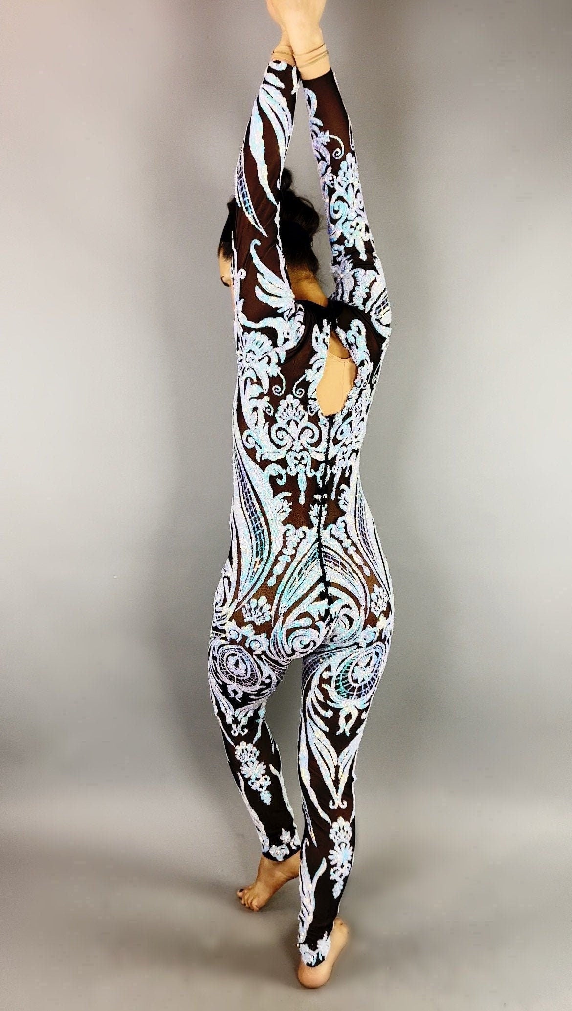 Floral Sequins On Black Catsuit, Mesh Jumpsuit, Scoop Neck, Full Sleeves