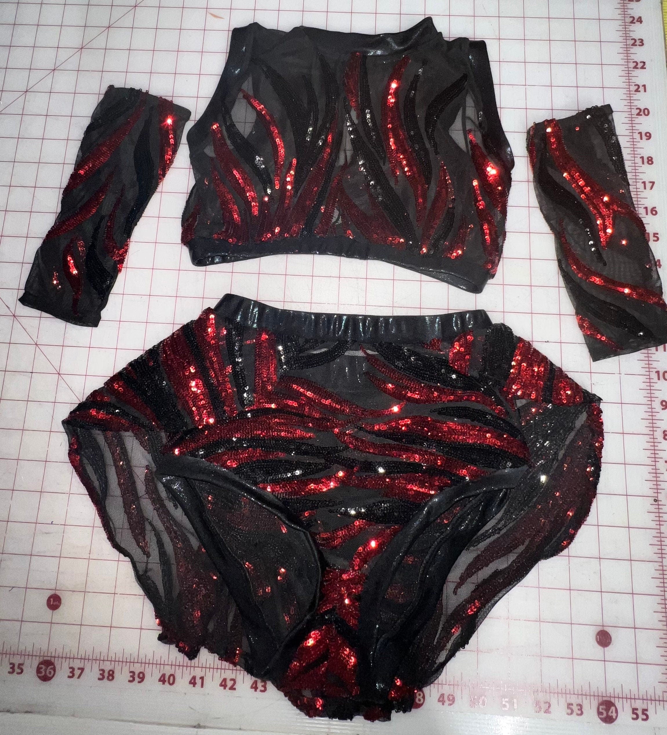 Black and Red Sequin Crop Top and Bottom Set, Shorts with Half-Skirt, Hand Accessories