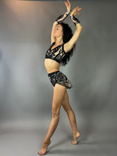 Beige and Black Crop Top and Bottom Set, V-Neck Crop Top, Shorts With Half-Skirt, Hand Accessories