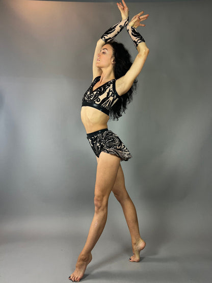 Beige and Black Crop Top and Bottom Set, V-Neck Crop Top, Shorts With Half-Skirt, Hand Accessories