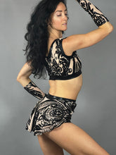 Beige and Black Crop Top and Bottom Set, V-Neck Crop Top, Shorts With Half-Skirt, Hand Accessories