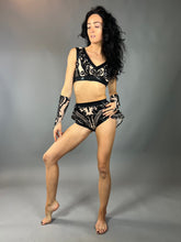Beige and Black Crop Top and Bottom Set, V-Neck Crop Top, Shorts With Half-Skirt, Hand Accessories