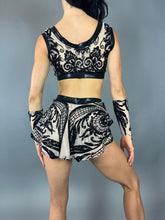 Beige and Black Crop Top and Bottom Set, V-Neck Crop Top, Shorts With Half-Skirt, Hand Accessories