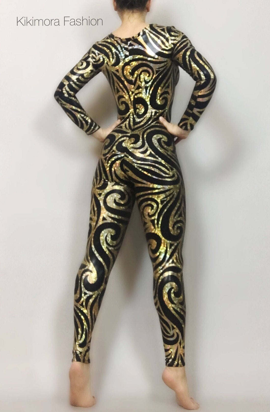 The Night Circus Black and Gold Catsuit, Full Sleeves Bodysuit, Scoop Neck