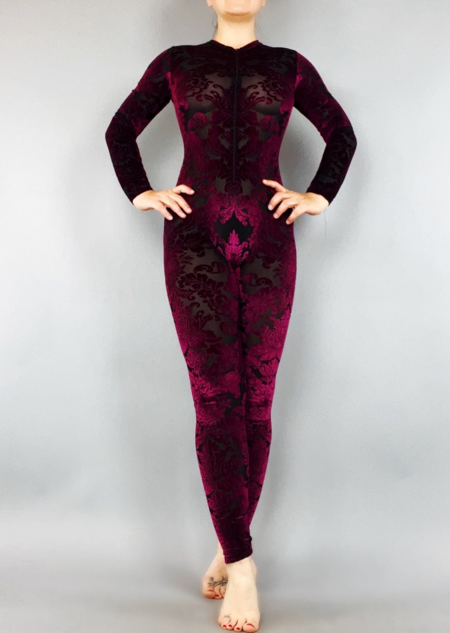 Burgundy Velvet Catsuit, Elegant Catsuit, Exotic Dancewear, Sheer Clothing