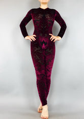 Burgundy Velvet Catsuit, Elegant Catsuit, Exotic Dancewear, Sheer Clothing