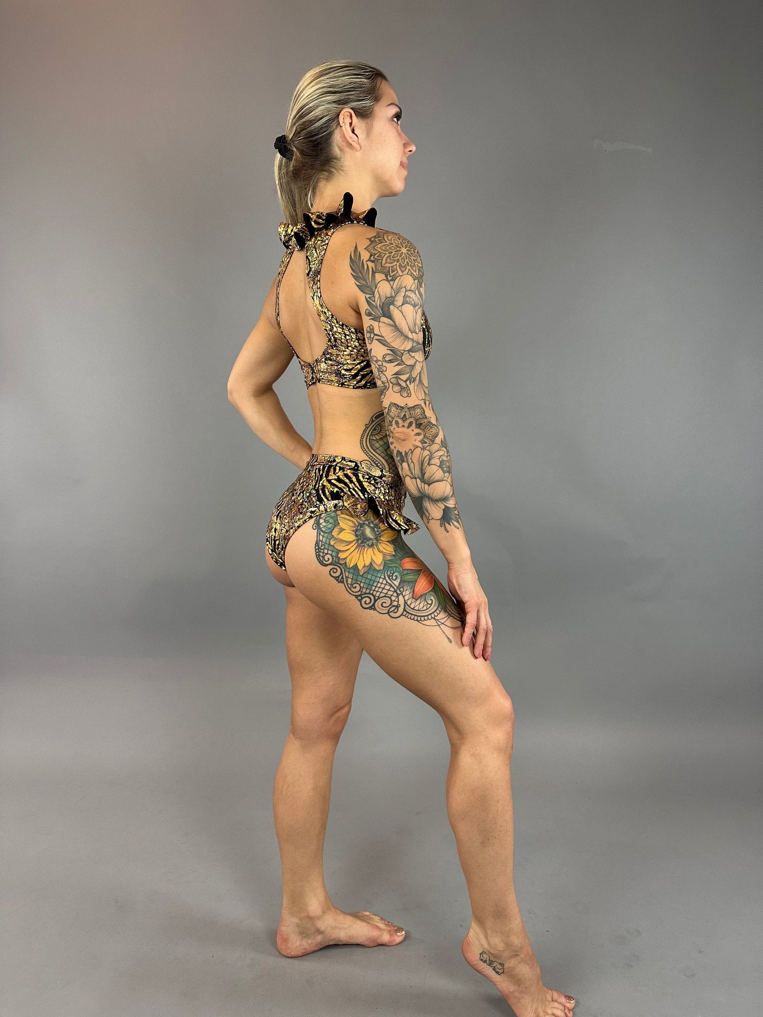Gold &amp; Black Snakeskin Crop Top &amp; Bottom Set, Open Back, Cheeky Bottoms