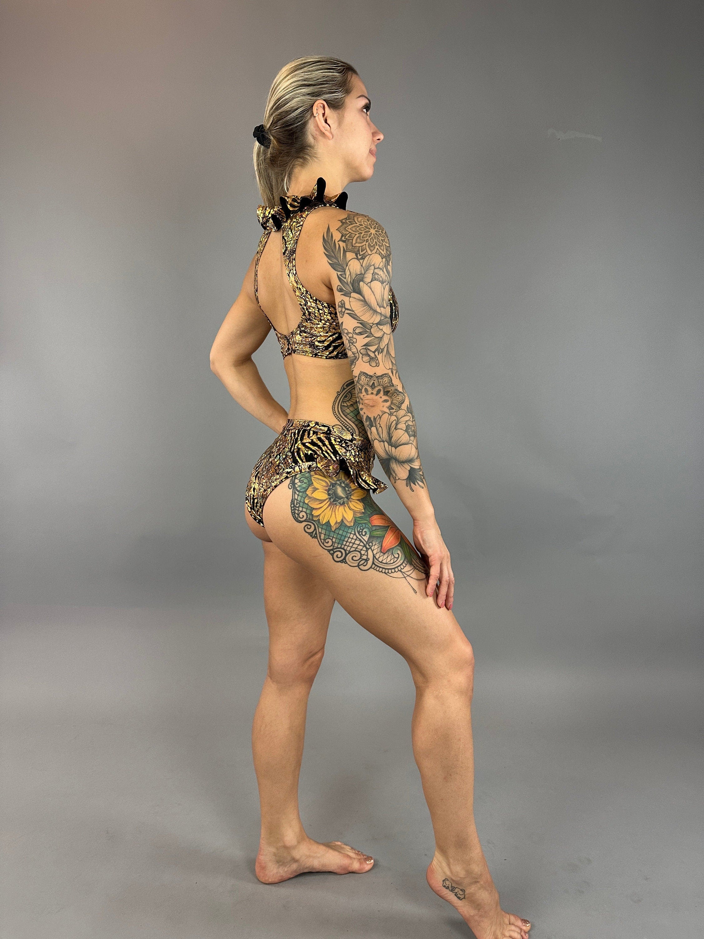Gold &amp; Black Snakeskin Crop Top &amp; Bottom Set, Open Back, Cheeky Bottoms