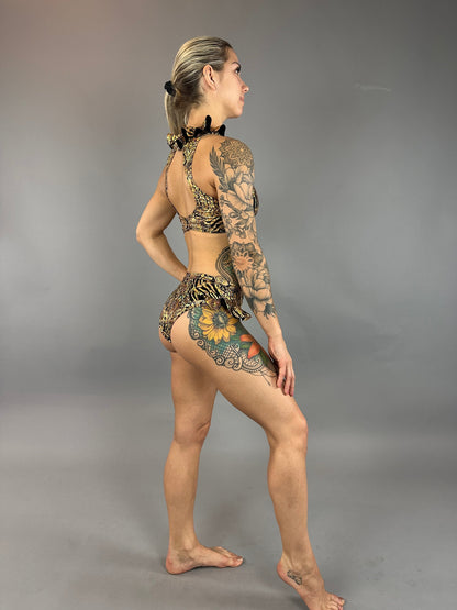 Gold &amp; Black Snakeskin Crop Top &amp; Bottom Set, Open Back, Cheeky Bottoms