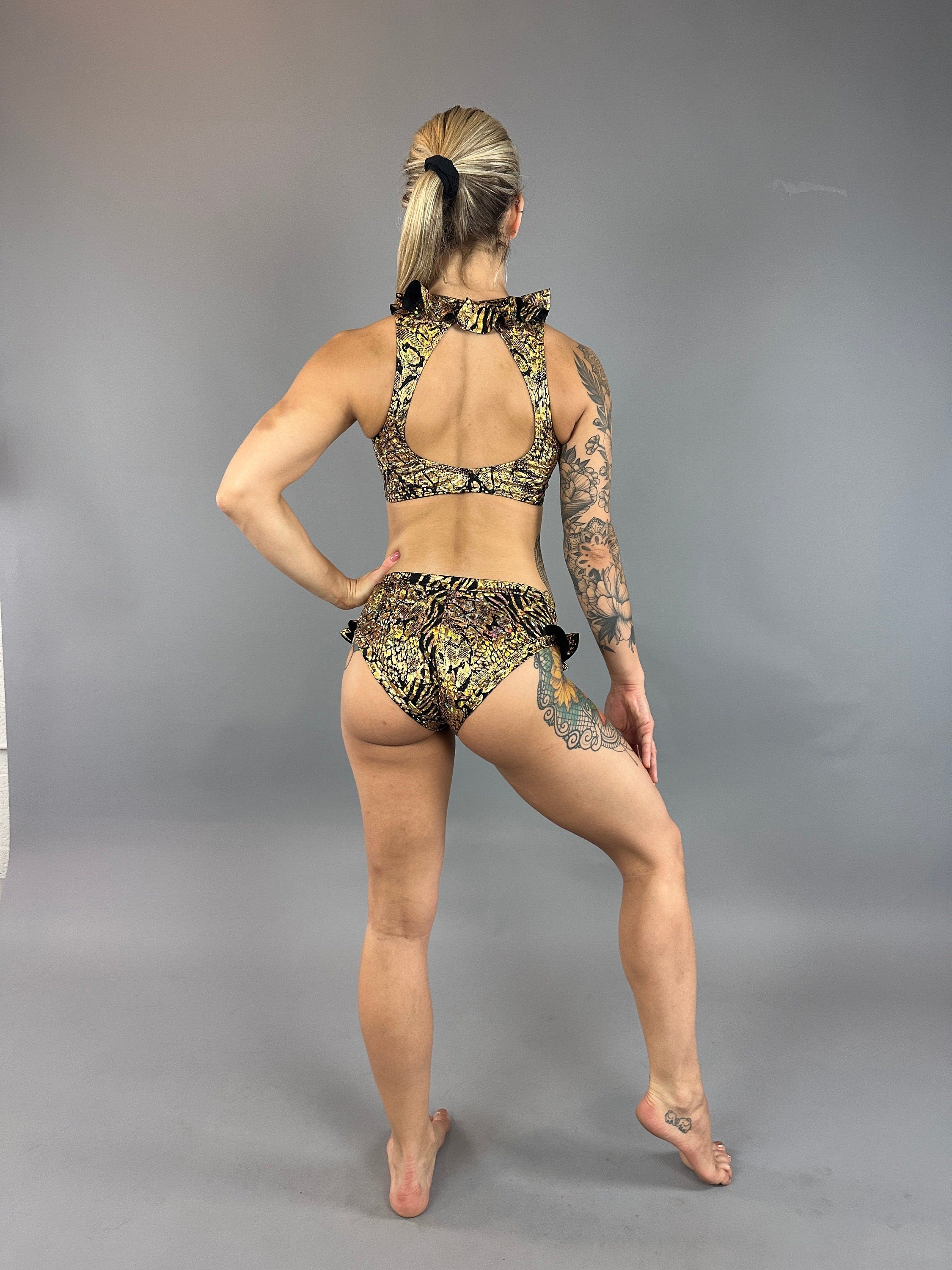 Gold &amp; Black Snakeskin Crop Top &amp; Bottom Set, Open Back, Cheeky Bottoms