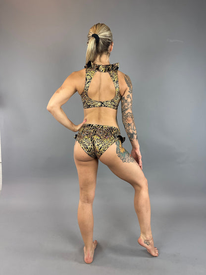 Gold &amp; Black Snakeskin Crop Top &amp; Bottom Set, Open Back, Cheeky Bottoms